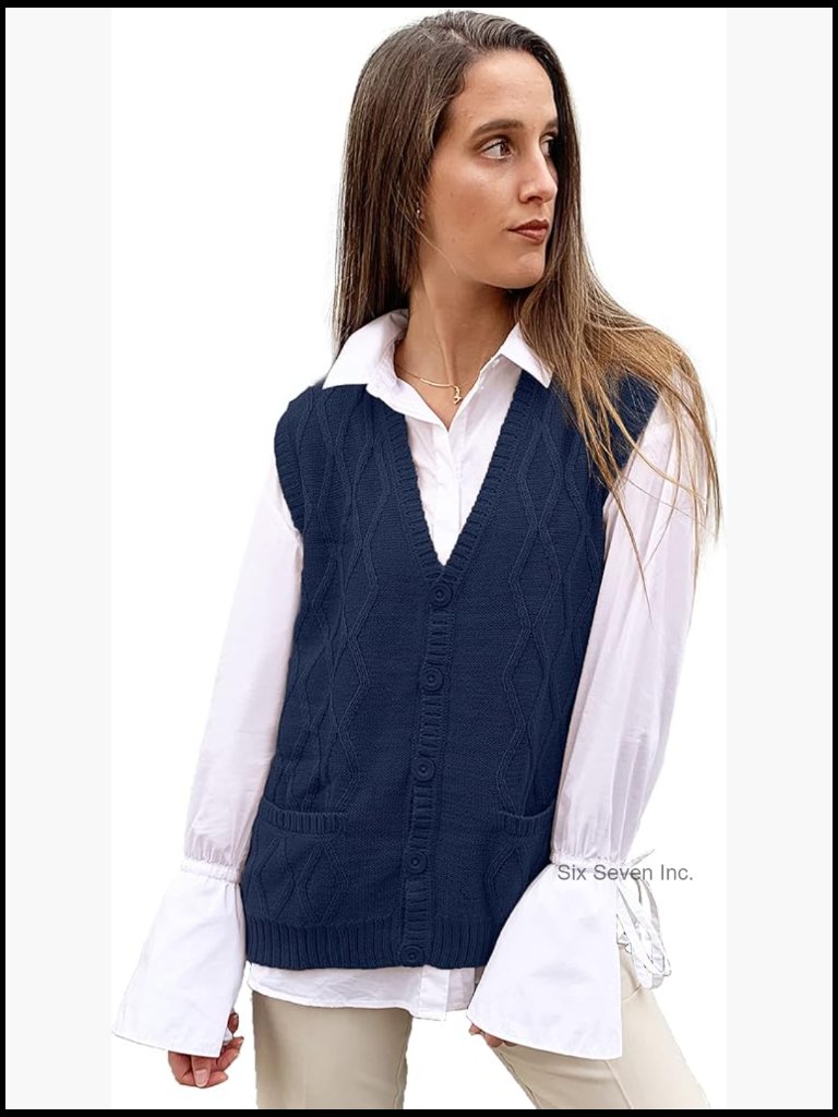 Alpaca Wool V Neck Argyle Cardigan Vest Relaxed Fit S-2xl